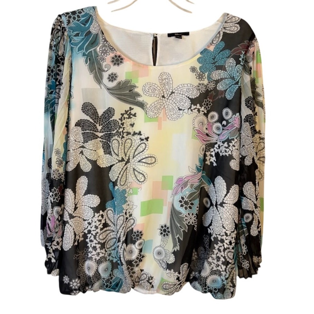 Milano Floral Pleated Flutter Sleeve Blouson Top Size Large